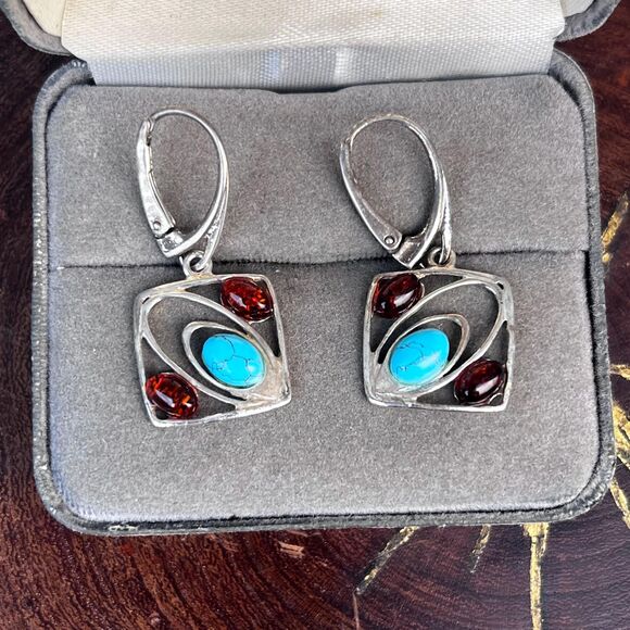 Vintage Turquoise Baltic Amber Earrings in Sterling Silver Southwestern Jewelry - Picture 1 of 8
